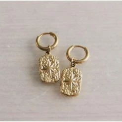 Bazou North Star Rectangle Gold Earrings New