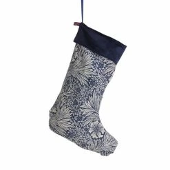 New Green & Heath Christmas Stocking In William Morris Marigold Indigo With Navy Velvet Trim
