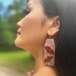 Mayana Beaded Handwoven Gingko Leaf Earrings Burgundy New