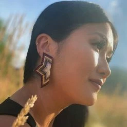 New Mayana Beaded Handwoven Large Half Star Earrings Brown/Cream