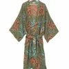 One Hundred Stars Crepe Long Kimono Craft Flowers Olive