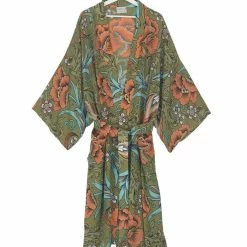 One Hundred Stars Crepe Long Kimono Craft Flowers Olive