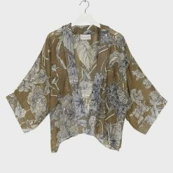 One Hundred Stars Etched Floral Khaki Kimono