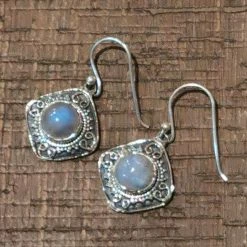 Precious Sparkle Rainbow Moonstone Ornate Square Sterling Silver Earrings