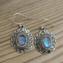 Precious Sparkle Rainbow Moonstone Ornate Sterling Silver Earrings Jewellery