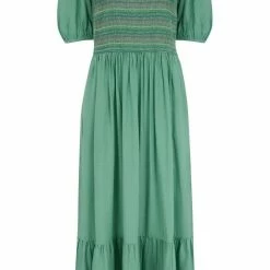 Sugarhill Brighton Alize Midi Shirred Dress Green New