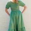 Sugarhill Brighton Alize Midi Shirred Dress Green New