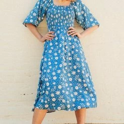 New Sugarhill Brighton Raquel Shirred Dress Blue