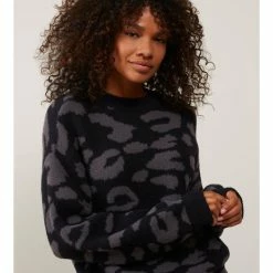 YAYA Animal Jacquard Sweater Black Dessin New