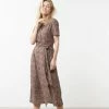 New Yaya Printed Dress With Knot Chocolate Martini Brown