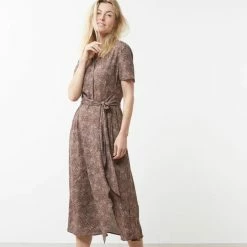 New Yaya Printed Dress With Knot Chocolate Martini Brown