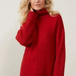 New YAYA Turtleneck Rib Stitch Sweater Lava Falls Red